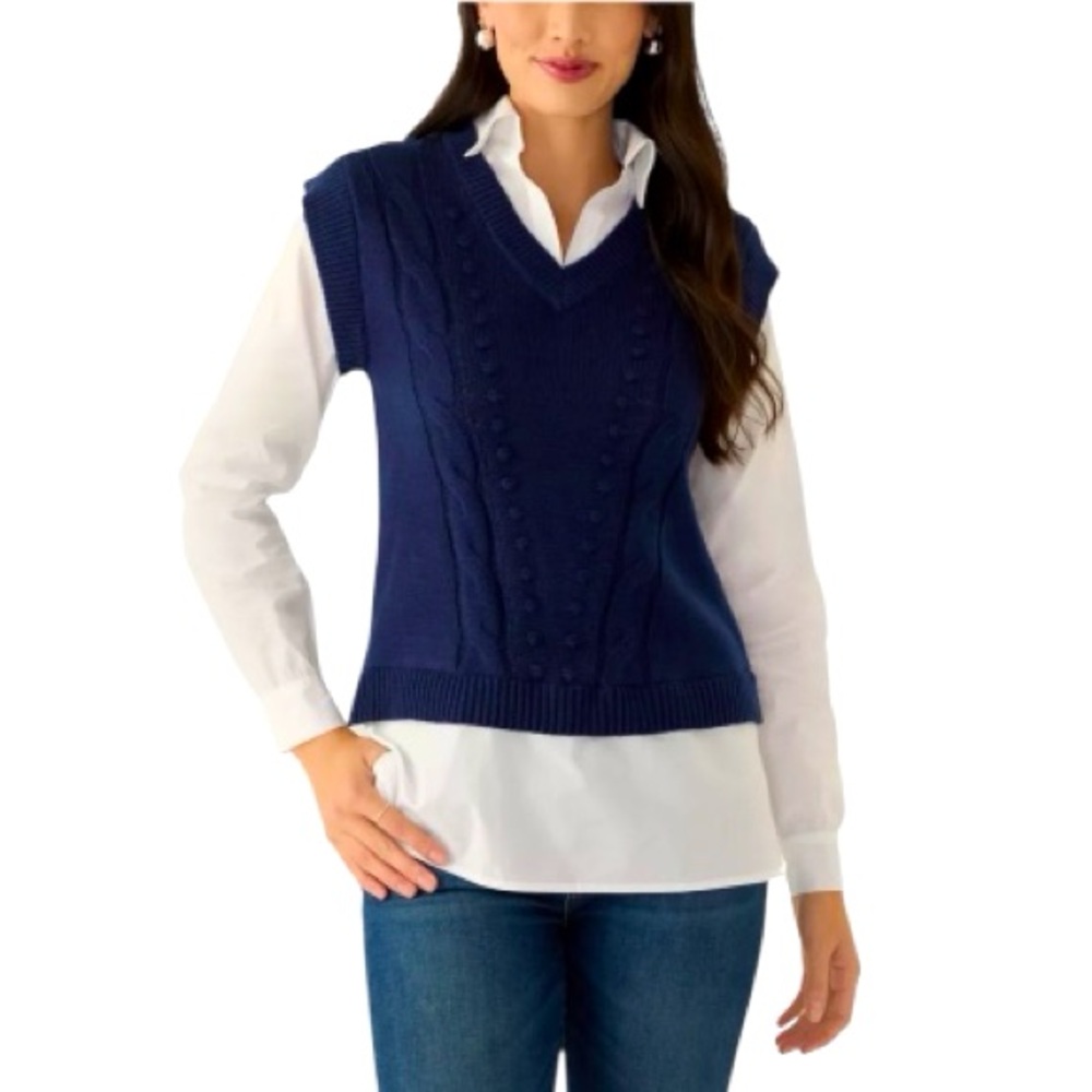 NWT Philosophy Women’s Navy Blue V-Neck Collar Sweater Vest Preppy Academia sz L